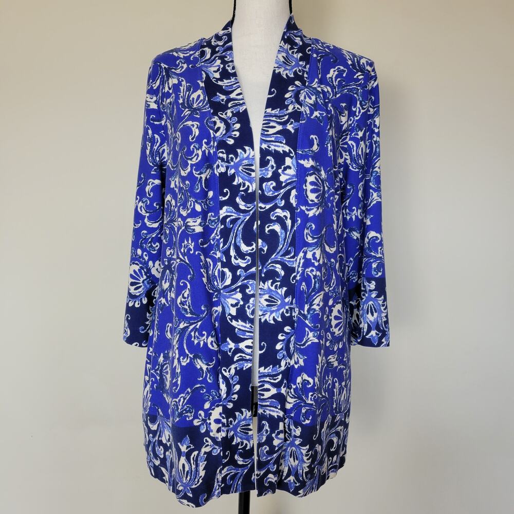 Isaac Mizrahi Live Sz L Open Front Cardigan Blue Scroll Print 3/4 Sleeve Stretch